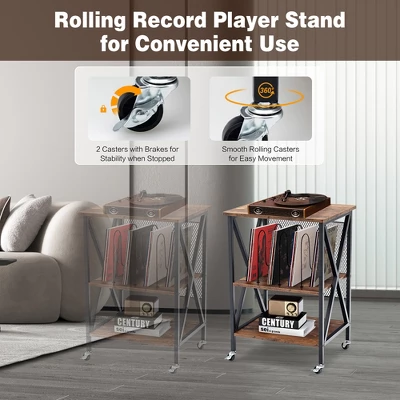 Costway 3-tier Rolling Turntable Stand Vinyl Record Storage Shelf With 3 Dividers & Wheels 4 Costway 3-tier Rolling Turntable Stand Vinyl Record Storage Shelf With 3 Dividers & Wheels - Image 4