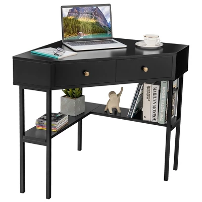 Costway Corner Computer Desk Writing Workstation Study Desk W/ 2 Drawers WhiteBlackGold 10 Costway Corner Computer Desk Writing Workstation Study Desk W/ 2 Drawers WhiteBlackGold - Image 10