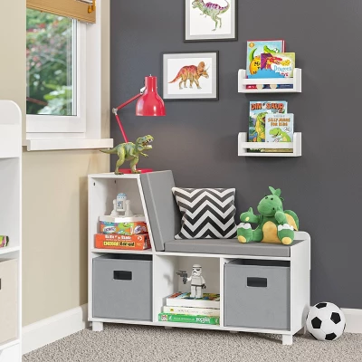 RiverRidge Home Kids’ Book Nook Bench With Cubbies And 2 Bonus 10'' Floating Wall Bookshelves White - RiverRidge 1 RiverRidge Home Kids’ Book Nook Bench With Cubbies And 2 Bonus 10'' Floating Wall Bookshelves White - RiverRidge