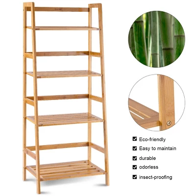Costway Multifunctional 4 Shelf Bamboo Bookcase Ladder Plant Flower Stand Rack Storage 5 Costway Multifunctional 4 Shelf Bamboo Bookcase Ladder Plant Flower Stand Rack Storage - Image 5
