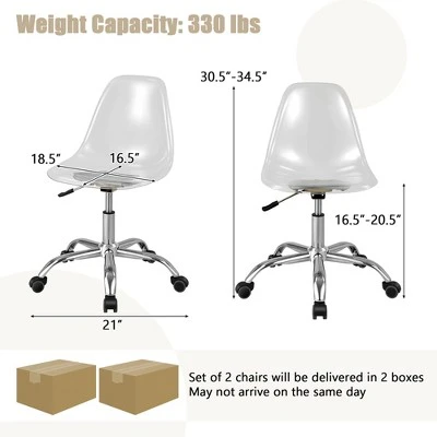Costway Set Of 2 Rolling Acrylic Armless Desk Chair Swivel Vanity Ghost Chair Adjustable 2 Costway Set Of 2 Rolling Acrylic Armless Desk Chair Swivel Vanity Ghost Chair Adjustable - Image 2