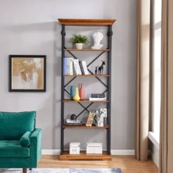 86.5" Juanita 6 Tier Etagere Wood And Metal Open Bookcase Distressed Wood - Danya B.