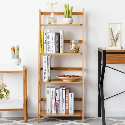 Costway Multifunctional 4 Shelf Bamboo Bookcase Ladder Plant Flower Stand Rack Storage 3 Costway Multifunctional 4 Shelf Bamboo Bookcase Ladder Plant Flower Stand Rack Storage - Image 3