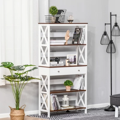 HOMCOM 4-Tier Shelving Bookcase Storage Cupboard With Pull Out Drawer, And Wooden Frame With X Bar Stability, White 2 HOMCOM 4-Tier Shelving Bookcase Storage Cupboard With Pull Out Drawer, And Wooden Frame With X Bar Stability, White - Image 2