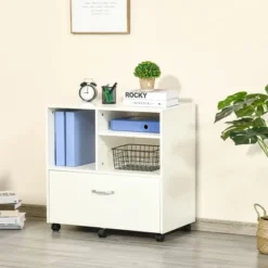 Vinsetto 29" Filling Cabinet, Office Storage Organizer With 4 Shelves, Wheels And Bottom Drawer For Legal And Letter Sized Files, White