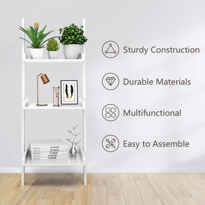Costway 3 Tier Leaning Wall Ladder Book Shelf Bookcase Storage Rack Display Flower Shelf Plant Shelf Furniture 4 Costway 3 Tier Leaning Wall Ladder Book Shelf Bookcase Storage Rack Display Flower Shelf Plant Shelf Furniture - Image 4