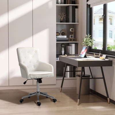 HOMCOM Modern Mid-back Desk Chair With Button Tufted Velvet Back, Nailhead Trim, Swivel Home Office Chair With Adjustable Height, Curved Padded Armrests 2 HOMCOM Modern Mid-back Desk Chair With Button Tufted Velvet Back, Nailhead Trim, Swivel Home Office Chair With Adjustable Height, Curved Padded Armrests - Image 2