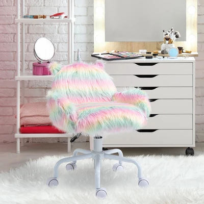 HOMCOM Fluffy Unicorn Office Chair With Mid-Back And Armrest Support, 5 Star Swivel Wheel White Base, Rainbow 1 HOMCOM Fluffy Unicorn Office Chair With Mid-Back And Armrest Support, 5 Star Swivel Wheel White Base, Rainbow