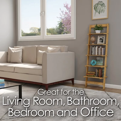 Hastings Home 5-Tier Bookshelf - 50" Tall, Pickled Oak Wood Finish 4 Hastings Home 5-Tier Bookshelf - 50" Tall, Pickled Oak Wood Finish - Image 4