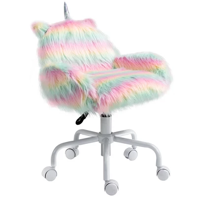 HOMCOM Fluffy Unicorn Office Chair With Mid-Back And Armrest Support, 5 Star Swivel Wheel White Base, Rainbow 3 HOMCOM Fluffy Unicorn Office Chair With Mid-Back And Armrest Support, 5 Star Swivel Wheel White Base, Rainbow - Image 3