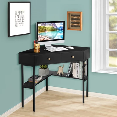 Costway Corner Computer Desk Writing Workstation Study Desk W/ 2 Drawers WhiteBlackGold 1 Costway Corner Computer Desk Writing Workstation Study Desk W/ 2 Drawers WhiteBlackGold