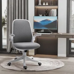 Officezen Shop 28 Vinsetto Linen-Touch Fabric Office Desk Chair Swivel Task Chair With Adjustable Lumbar Support, Height And Flip-up Padded Arms