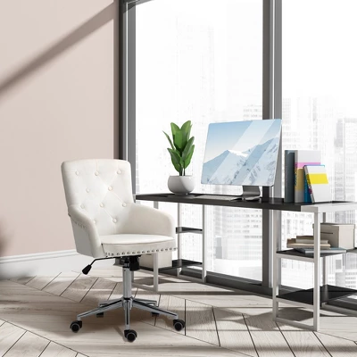 HOMCOM Modern Mid-back Desk Chair With Button Tufted Velvet Back, Nailhead Trim, Swivel Home Office Chair With Adjustable Height, Curved Padded Armrests 1 HOMCOM Modern Mid-back Desk Chair With Button Tufted Velvet Back, Nailhead Trim, Swivel Home Office Chair With Adjustable Height, Curved Padded Armrests