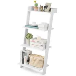Costway 4-Tier Ladder Shelf Leaning Bookshelf WithAnti-falling Baffle Wood Bookcase Black/White -Officezen Shop GUEST 9b06ac63 4909 48c5 82a5 89372887ea3a