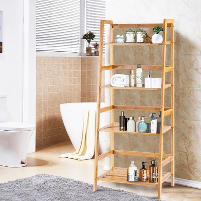 Costway Multifunctional 4 Shelf Bamboo Bookcase Ladder Plant Flower Stand Rack Storage 4 Costway Multifunctional 4 Shelf Bamboo Bookcase Ladder Plant Flower Stand Rack Storage - Image 4