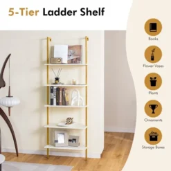 Tangkula 5 Tier Ladder Shelf 71" Open Wall-Mounted Bookcase With Golden Steel Frame 14 Tangkula 5 Tier Ladder Shelf 71" Open Wall-Mounted Bookcase With Golden Steel Frame -Officezen Shop GUEST b6ea1a69 d03c 4f84 ad94 ed5041b6b046