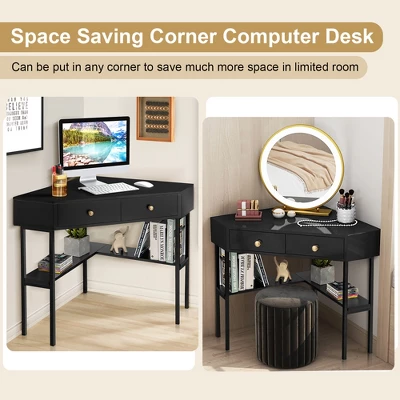 Costway Corner Computer Desk Writing Workstation Study Desk W/ 2 Drawers WhiteBlackGold 5 Costway Corner Computer Desk Writing Workstation Study Desk W/ 2 Drawers WhiteBlackGold - Image 5