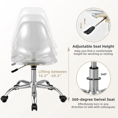 Costway Set Of 2 Rolling Acrylic Armless Desk Chair Swivel Vanity Ghost Chair Adjustable 7 Costway Set Of 2 Rolling Acrylic Armless Desk Chair Swivel Vanity Ghost Chair Adjustable - Image 7