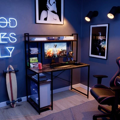 Bestier Computer Home Office Desk With Metal Frame, Hutch, Bookshelf, Under Desk Storage, And Working Table For Small Bedroom Space 4 Bestier Computer Home Office Desk With Metal Frame, Hutch, Bookshelf, Under Desk Storage, And Working Table For Small Bedroom Space - Image 4