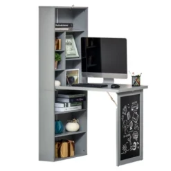 HOMCOM Fold-out Convertible Writing Table Wall Mount Desk Cabinet With Blackboard And Side Shelf Multi-Function Home Office Workstation, Gray -Officezen Shop GUEST d17b68f4 3319 4f30 8f96 5a9681105407