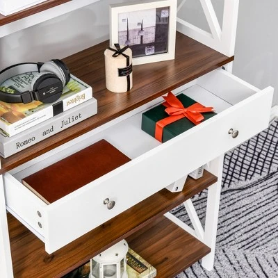 HOMCOM 4-Tier Shelving Bookcase Storage Cupboard With Pull Out Drawer, And Wooden Frame With X Bar Stability, White 4 HOMCOM 4-Tier Shelving Bookcase Storage Cupboard With Pull Out Drawer, And Wooden Frame With X Bar Stability, White - Image 4