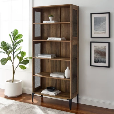 68" Grevaldi Industrial Mesh Side Bookshelf Rustic Oak - Saracina Home 1 68" Grevaldi Industrial Mesh Side Bookshelf Rustic Oak - Saracina Home