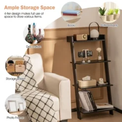 Costway 4-Tier Ladder Shelf Leaning Bookshelf WithAnti-falling Baffle Wood Bookcase Black/White -Officezen Shop GUEST f739536e 4d0b 40c6 b6fc a536e6ceaaaf